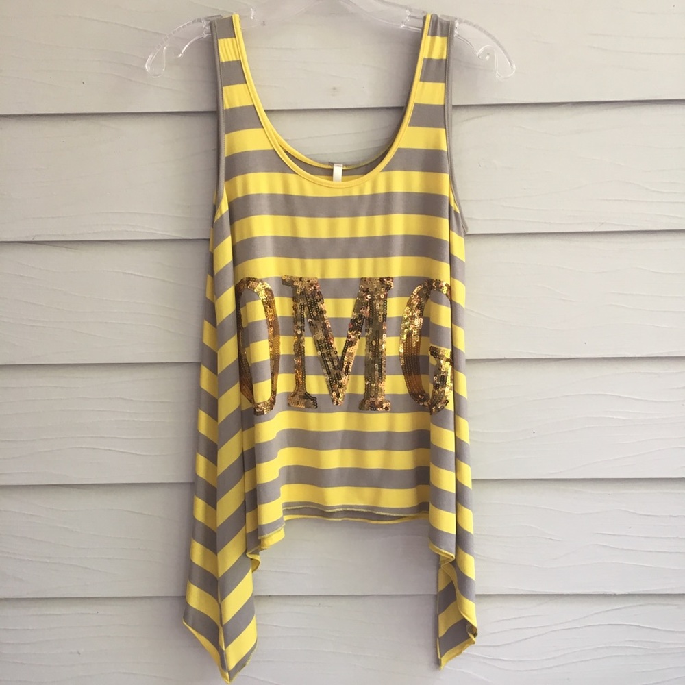 Together Sequin Tank OMG Yellow and Grey Stripe Sleeveless Darted Hemline
